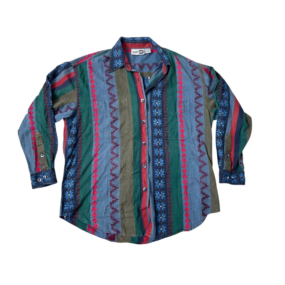 Vintage Krazy Kat Eclectic Southwestern Geometric Stripe Button Down Shirt L